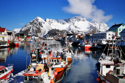 Under Lofotfisket er det tett med fiskebåter i Henningsvær. Foto: Henningsvær Havfiske.