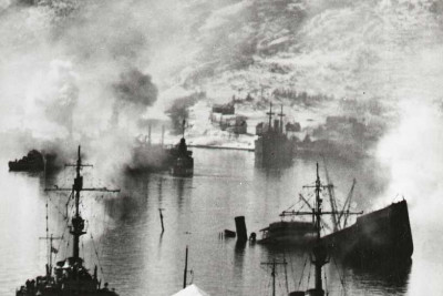 Narvik havn 9. april 1940. Foto fra Narvik Krigsmuseum.
